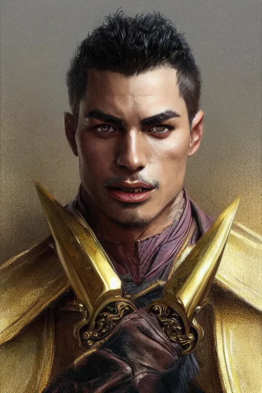 Prompt: portrait of fantasy male mage with gold teeth and iron fists, western, duster, fantasy, intricate, elegant, highly detailed, digital painting, artstation, concept art, sharp focus, illustration, art by artgerm and greg rutkowski and alphonse mucha