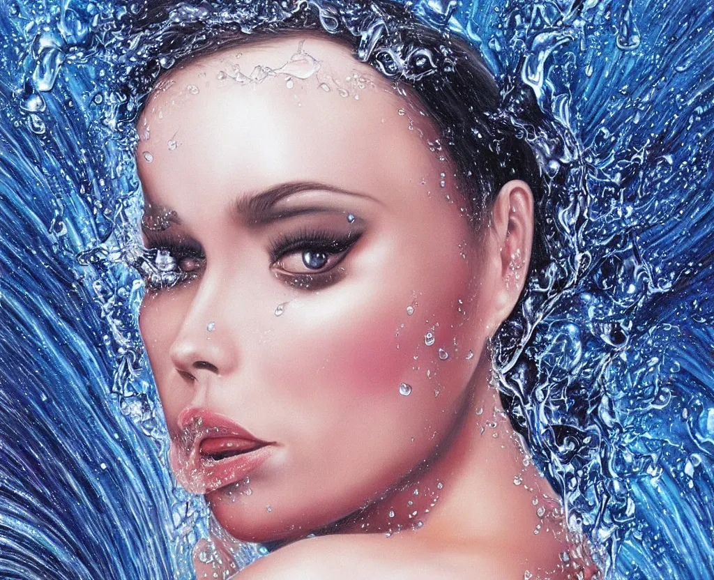 Image similar to realistic and detailed soft airbrush of a glossy drop of water sinuously dripping over a white background, inspired by 8 0's airbrush illustrations, art by pater sato