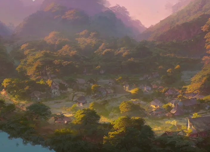 Image similar to concept art painting of a distant small woodland village by a river in a mountain valley seen from above, early morning, european japanese buildings, cel shaded, realistic, by makoto shinkai and moebius and anton fadeev and greg rutkowski and james gurney