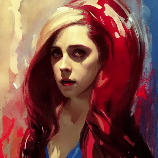 Prompt: alison brie as kristen stewart as iron scarlet witch, intricate, elegant, highly detailed, greg manchess, mucha, liepke, ruan jia, jeffrey catherine jones, ridley scott