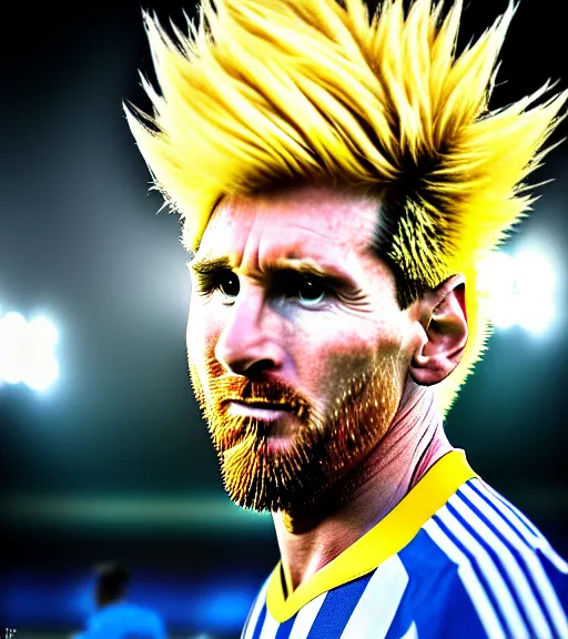 Prompt: award winning 5 5 mm close up portrait color photo of super saiyan lionel messi, argentina jersey, yellow hair, in a stadium, with lightning, by luis royo. soft light. sony a 7 r iv