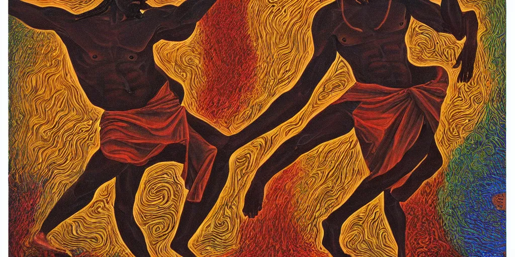 Prompt: an abstract spiritual landscape, portrait of a virile dark - skinned greek god dancing. 2 4 mm, photorealistic, muted color scheme, directed by mati klarwein