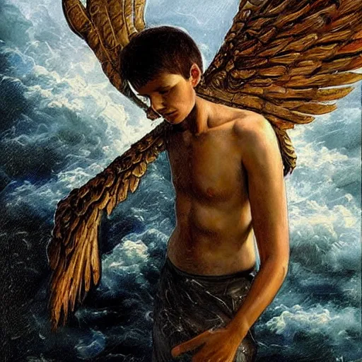 Prompt: a fourteen year old boy with and enormous mechanical bird wing strapped to his back, standing on the back of a boat in a storm, his arms spread. ready to fly, icarus, winged boy, rain, clouds, waves, splash, painting by karol bak