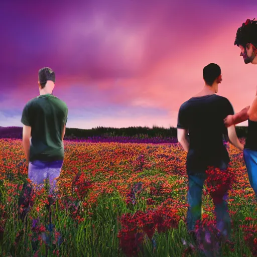 Image similar to a gay couple together in a field of flowers at sunset, realistic, intricate, 4k