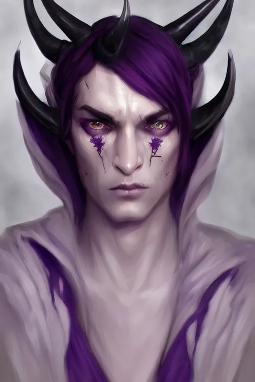 Prompt: djinn demon hybrid, portrait, concept art, full body purple and white cloak, single face, illustration, costume design, white horns, editorial photo, fashion, hyperrealism, realism, trending on artstation, Charlie Bowater, WLOP