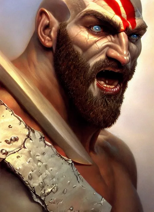 Image similar to a epic portrait of the god of war, art by boris vallejo and greg danton and denys tsiperko, detailed, hyperrealism, artstation