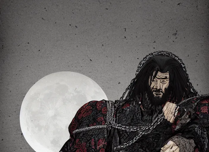 Image similar to A PORTRAIT FROM BEHIND OF A SAMURAI MAN VAGABOND WITH A MOON BEHIND HIM ,THE SAMURAI IS WRAPPED IN CHAINS, manga,detailed, studio lighting, gradation,editorial illustration, matte print, concept art, digital