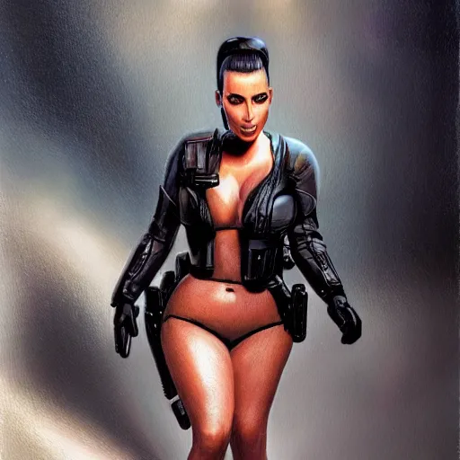 Image similar to kim kardashian as a cop, police uniform, full body view, full pov, haunted house interior, pretty, aesthetic, dust molecules, matte detailed photo, DeviantArt, Artstation, by donato giancola, ralph horley, loish, cinematic lighting