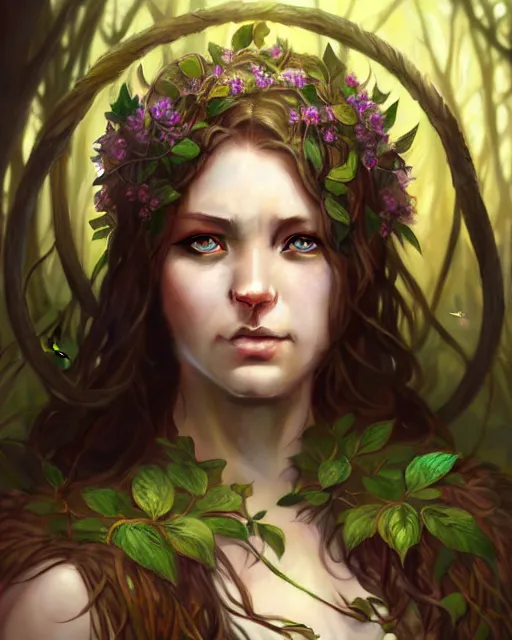 Prompt: beautiful female druid, portrait, fantasy, young, correct eyes proportion, hyperealistic eyes, detailed, intricate, leaves and simple cloth, global lighting, digital art, digital painting, artstation, wlop, illustration, art by artgerm and greg rutkowski and alphonse mucha, 8 k