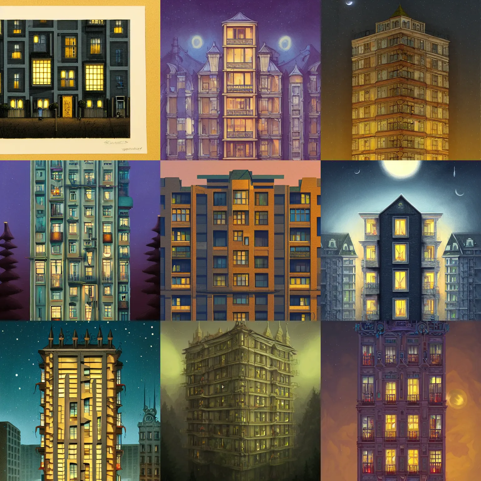 Prompt: a single apartment building in a moonlit night, in the style of peter mohrbacher and jacek yerka, symmetrical composition