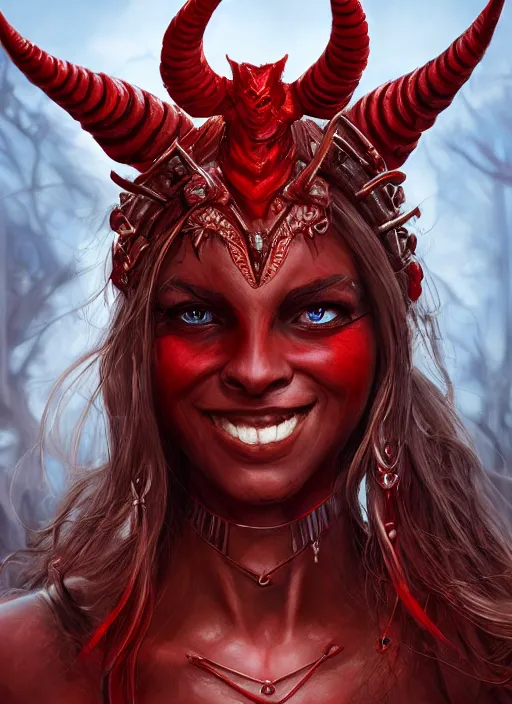 Image similar to red skin, Tiefling , smiling, beautiful detailed eyes, cute, fantasy, intricate, elegant, highly detailed, digital painting, 4k, HDR, concept art, detailed jewelry, smooth, sharp focus, illustration, by Wayne Reynolds