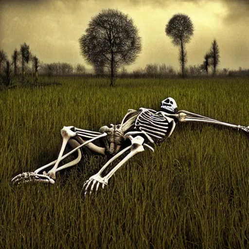 Prompt: a skeleton lies in a field as the weeds and kudzu grow through it by hr giger, symmetrical, detailed, intricate, photorealistic, light raytracing, depth, realistic textures, cinematic lighting