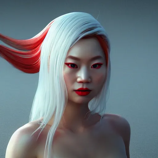 Prompt: albino Asian mermaid , unreal engine octane, red and white, portrait, gliter, depth of field, 8k, hyper detailed, intrin ate, trending on artstation