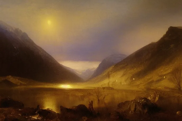 Prompt: a beautiful oil painting of a Scottish Highland winter landscape, evening light, by Albert Bierstadt and jmw turner, beautiful light, detailed, dramatic