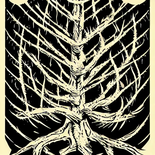 Image similar to dark death metal themed vector illustration for a record label, trees. forest, spikes, skull, microphone, skull, award winning, grunge, iconic, golden ratio