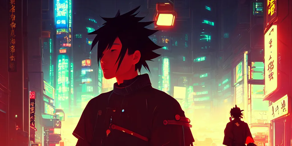 Image similar to digital illustration closeup portrait of cyberpunk samurai in city street at night by makoto shinkai, ilya kuvshinov, lois van baarle, rossdraws, basquiat | afrofuturism, in the style of hearthstone, trending on artstation | cool color scheme