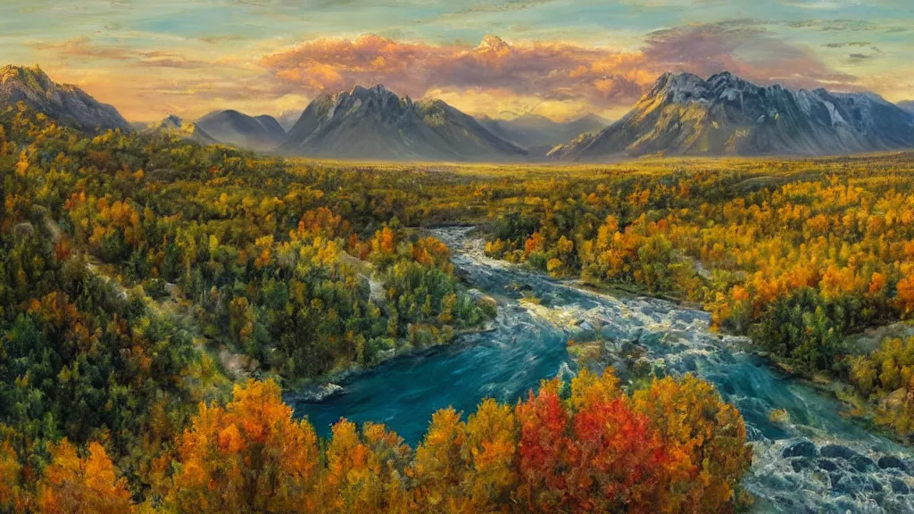 Prompt: The most beautiful panoramic landscape, oil painting, where the mountains are towering over the valley below their peaks shrouded in mist, the sun is just peeking over the horizon producing an awesome flare and the sky is ablaze with warm colors and stratus clouds. A giant dreamy waterfall creates a river, it is winding its way through the valley and the trees are starting to bloom in a great variety of colors, by Greg Rutkowski, aerial view