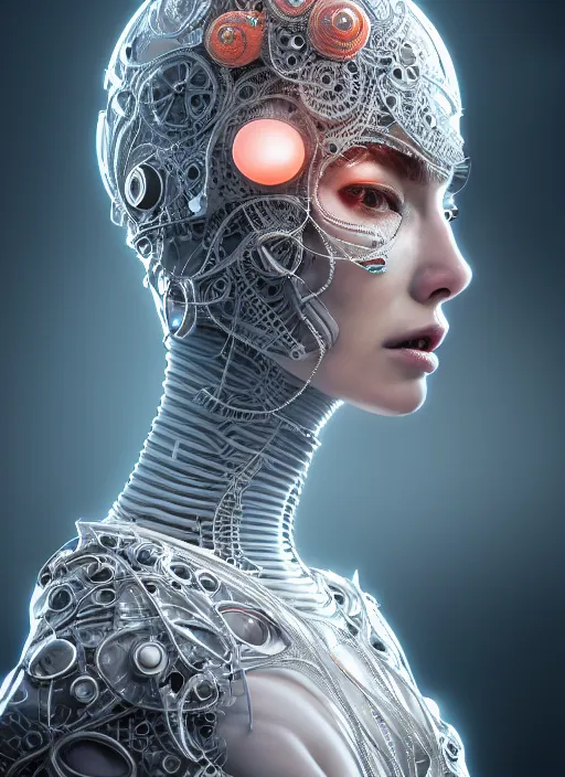 Image similar to portrait of an absurdly beautiful, graceful, sophisticated, fashionable cyberpunk mechanoid, hyperdetailed illustration by irakli nadar and alexandre ferra, intricate linework, white porcelain skin, faberge, coral headdress, unreal engine 5 highly rendered, global illumination, radiant light, detailed and intricate environment