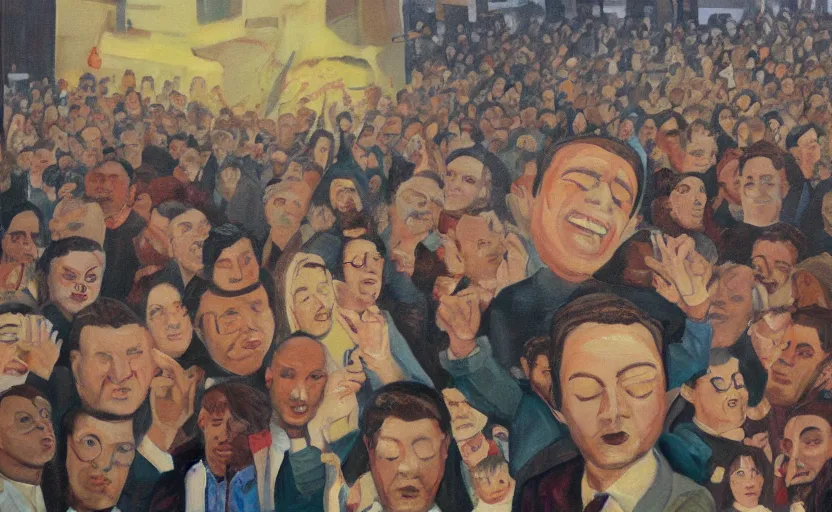 Image similar to a painting of a man with eyes wide open surrounded by people with their eyes completely closed. there are also crt television drones flying around