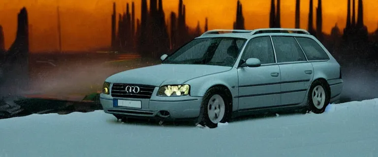 Prompt: Audi A4 B6 Avant (2002), a gritty neo-noir, dramatic lighting, cinematic, eerie person silhouette, death, homicide, homicide in the snow, gunshots, establishing shot, extremely high detail, photorealistic, cinematic lighting, artstation, by simon stalenhag, Max Payne (PC) (2001) winter New York at night, In the style of Max Payne 2 graphic novel, flashing lights, Poets of the Fall - Late Goodbye