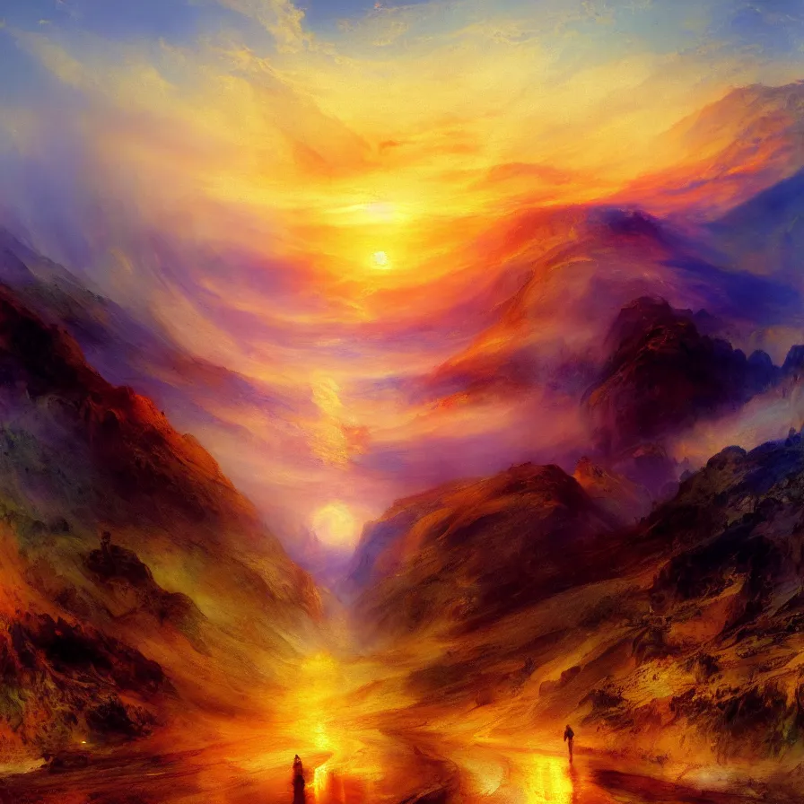 Prompt: artwork of the atmospheric indie album titled :'the infinite road to sunrise ', painted by thomas moran.