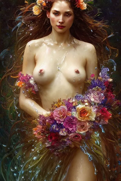 Image similar to portrait of a beautiful woman holding a bouquet of flowing flowers, drenched body, wet dripping hair, emerging from the water, fantasy, regal, fractal crystal, fractal gems, by stanley artgerm lau, greg rutkowski, thomas kindkade, alphonse mucha, loish, norman rockwell