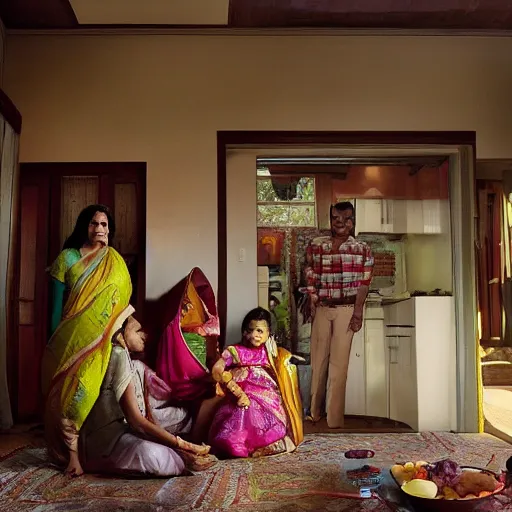 Image similar to a cinematic photograph of an Indian family inside their suburban house, by Gregory Crewdson, shot on phase one large format digital camera, natural lighting, 8K,