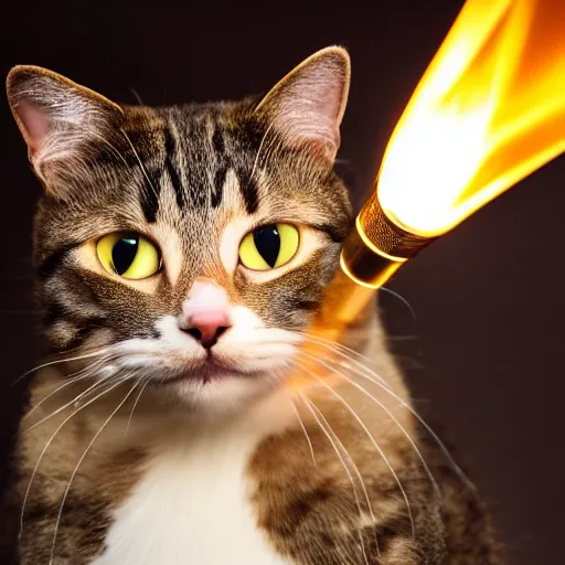 Prompt: professional photograph of a cat holding a torch