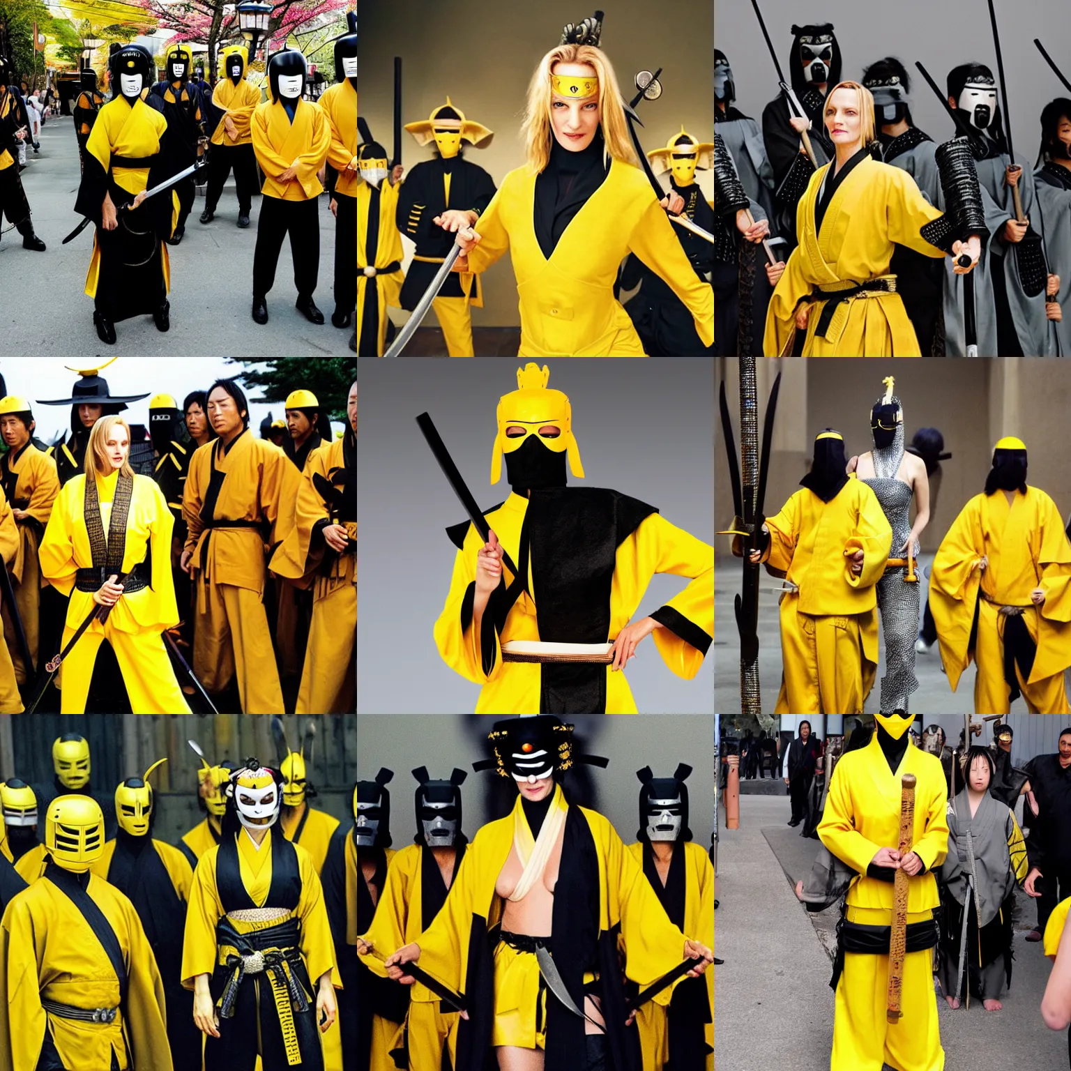 Prompt: uma thurman in a yellow motorcycle suit holding a samurai sword surrounded by japanese swordsmen wearing small black masquerade masks
