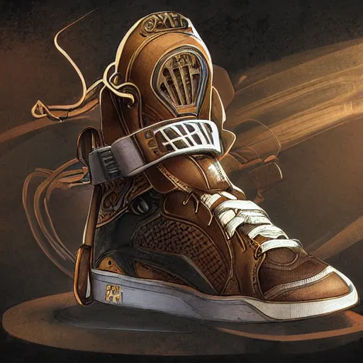 Prompt: basketball sneaker concept art, steampunk, sharp focus, illustration, concept art by tooth wu