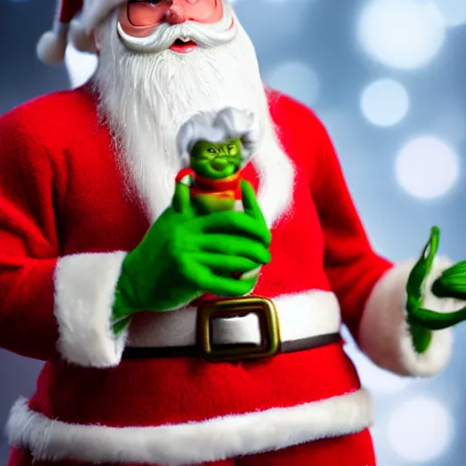 Image similar to santa claus holding a miniature figutine of grinch 8 k