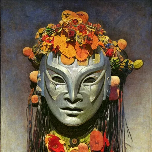 Prompt: head of a shaman wearing a mask made of enamelled flowers, by annie swynnerton and edward hopper and jean delville and john watkiss and rufino tamayo, art deco shaman, stylized geometric flowers, art brut, symbolist, dramatic lighting, god rays, clean crisp graphics, smooth sharp focus, extremely detailed, adolf wolfli