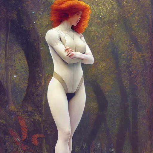 Image similar to beautiful woman with auburn hair in a skin-tight designer spacesuit, aloof in the forest at dusk, by Edgar Maxence and Ross Tran and Michael Whelan and Gustav Klimpt