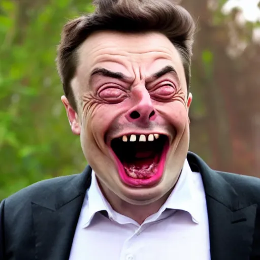 Prompt: funny face pulling competition winning funny face photo of elon muskas mr. bean, pulling the move'derp banshee ', hilarious face pulling competition winner, extreme face contortion