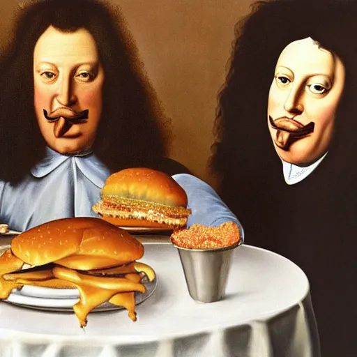 Image similar to painting portrait of louis xiv eating hamburger by lucian freud and bob bottin and reubens