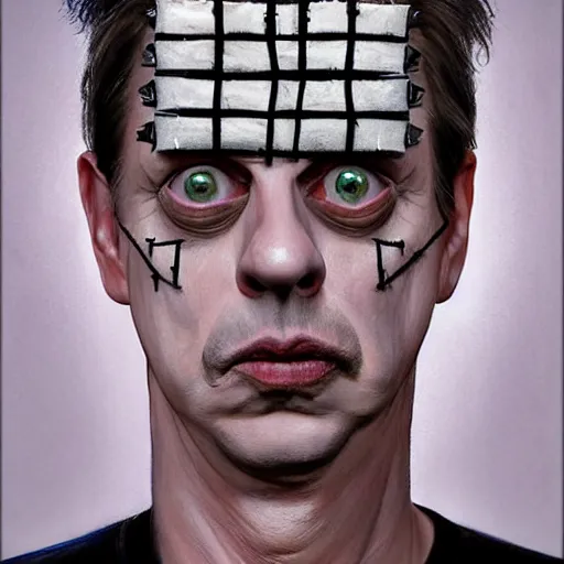 Image similar to hyperrealistic mixed media high resolution painting of (Steve Buscemi) disguised as !!Hellraiser!!, stunning 3d render inspired art by Jamie Salmon and István Sándorfi and Greg Rutkowski, perfect facial symmetry, dim volumetric lighting, 8k octane beautifully detailed render, full body shot, post-processing, extremely hyper-detailed, intricate, epic composition, highly detailed attributes, highly detailed atmosphere, cinematic lighting, masterpiece, trending on artstation, very very detailed, masterpiece, stunning, flawless completion, lifelike texture, perfection,