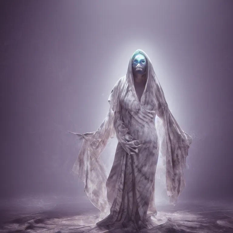 Prompt: octane render portrait by wayne barlow and carlo crivelli and glenn fabry, a woman wearing a skintight tie - dye bedsheet ghost costume, backlit, dramatic lighting, fog and mist, inside a futuristic nightclub, cinema 4 d, ray traced lighting, very short depth of field, bokeh