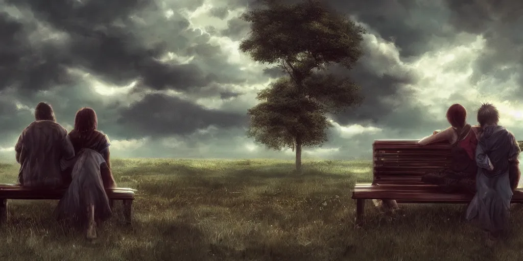 Image similar to a family with sorrow faces sitting on a bench, dramatic sky, close up shot, anime art, Greg Rutkowski, dramatic lighting