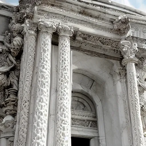 Prompt: the entrance of Valhalla made in marble white stone, ornate, beautiful, small detailed statues, lush, white nature, low angle,