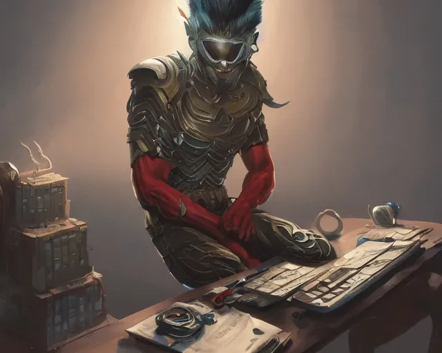 Image similar to an insanely detailed painting of an asian man wearing a homemade superhero costume, sitting at a desk, staring at the nervously at the computer and typing, in the style of peter mohrbacher, dramatic lighting and composition, surreal background, octane render, pixar, trending on artstation, concept art, comic book, view from behind