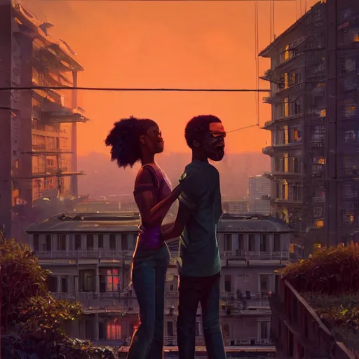 Image similar to highly detailed portrait of a black couple on the rooftop, synthwave city, stephen bliss, unreal engine, fantasy art by greg rutkowski, loish, rhads, ferdinand knab, makoto shinkai and lois van baarle, ilya kuvshinov, rossdraws, tom bagshaw, global illumination, radiant light, detailed and intricate environment