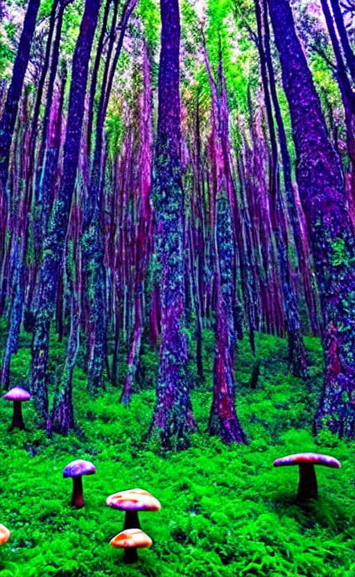 Image similar to trippy enchanged forest with large psychedelic mushrooms