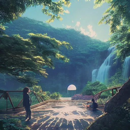 Image similar to geodesic dome in front of a lake with gardens and waterfall, gapmoe kuudere moody lighting stunning bokeh highlights sharp contrast | trending pixiv fanbox | by greg rutkowski makoto shinkai takashi takeuchi studio ghibli