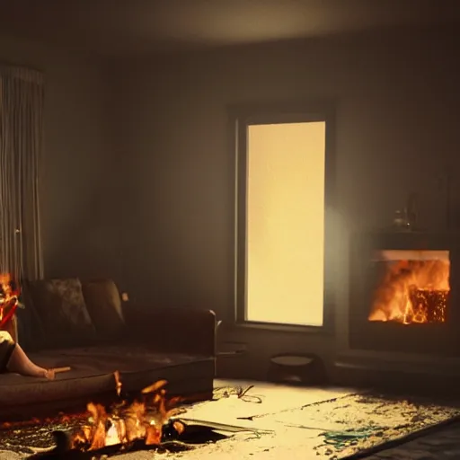 Image similar to a woman standing in a living room next to a fire, concept art by gregory crewdson, reddit contest winner, video art, movie still, colorized, playstation 5 screenshot