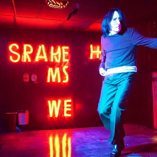 Image similar to Severus Snape dances in a bar, neon light, realistic, full body, very detailed, super realistic