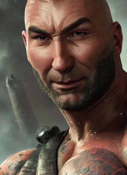Prompt: A fantasy comic book style portrait painting of Dave Bautista as a archer, unreal 5, DAZ, hyperrealistic, octane render, RPG portrait, dynamic lighting