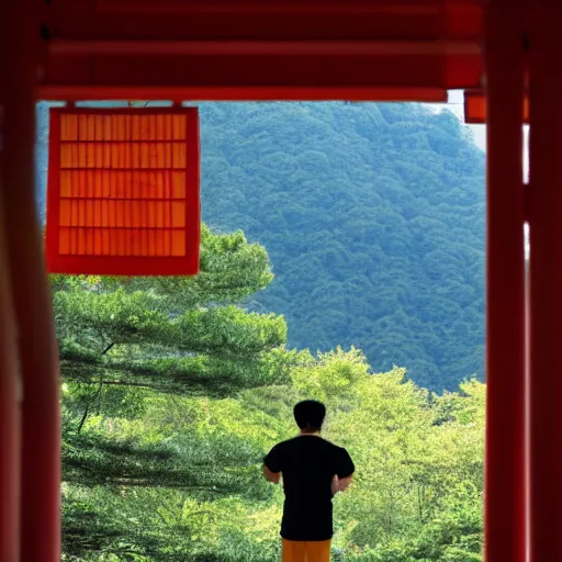 Image similar to ronald mcdonald contemplating the dawn of a new day inside an asian temple