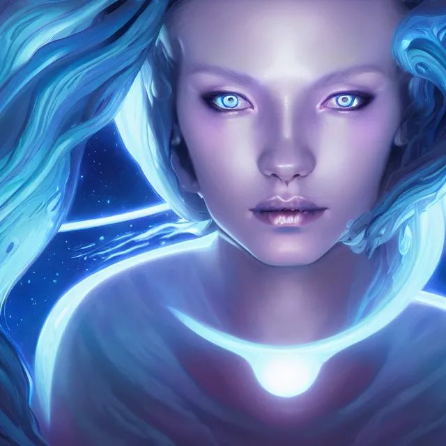Prompt: close up portrait of beautiful alien space goddess, symmetry!! ethereal glowing otherworldy blue skin, exploding nebula, and flowing glowing hair, subsurface scattering, artistic, art by artgerm, greg rutkowski and alphonse mucha, artstation, octane render,