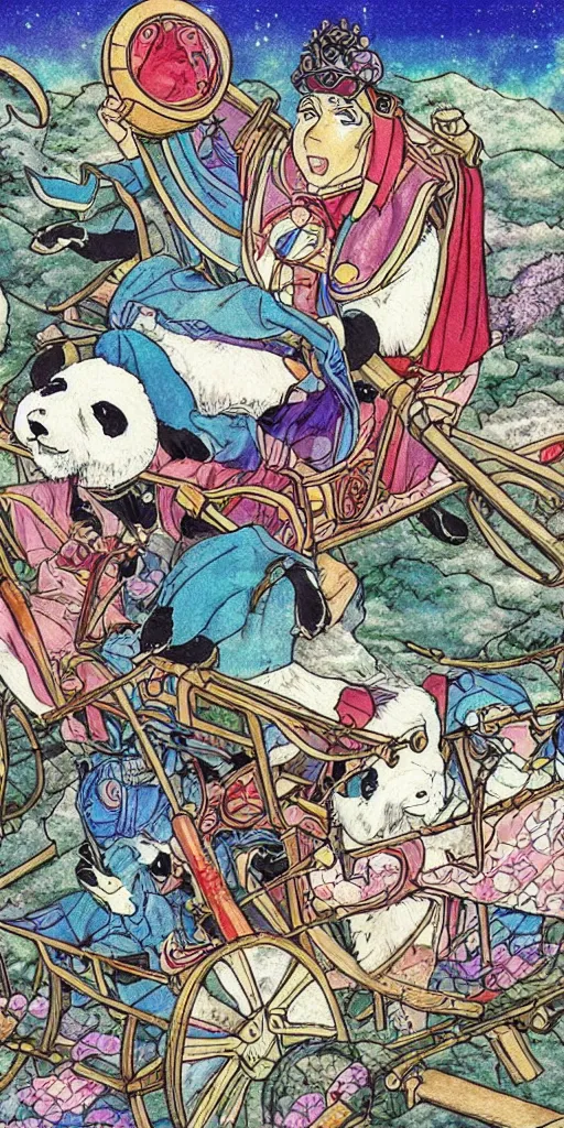 Prompt: a chariot drawn by pandas in japan, 1990s anime, full color, tarot card the chariot, highly detailed