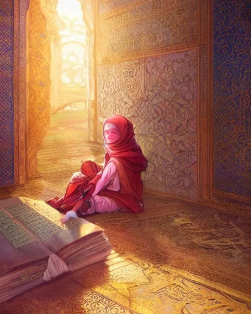 Image similar to a faceless bedouin child infront of a big open quran highly detailed, gold filigree, romantic storybook fantasy, soft cinematic lighting, award, disney concept art watercolor illustration by mandy jurgens and alphonse mucha and alena aenami, pastel color palette, featured on artstation